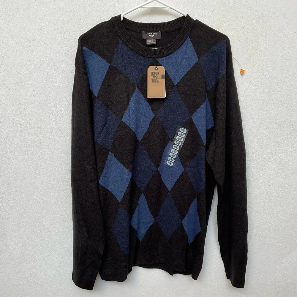 NWT Dockers Charcoal Grey, Blue Argyle Extra Soft Sweater Size XL Winter Warm